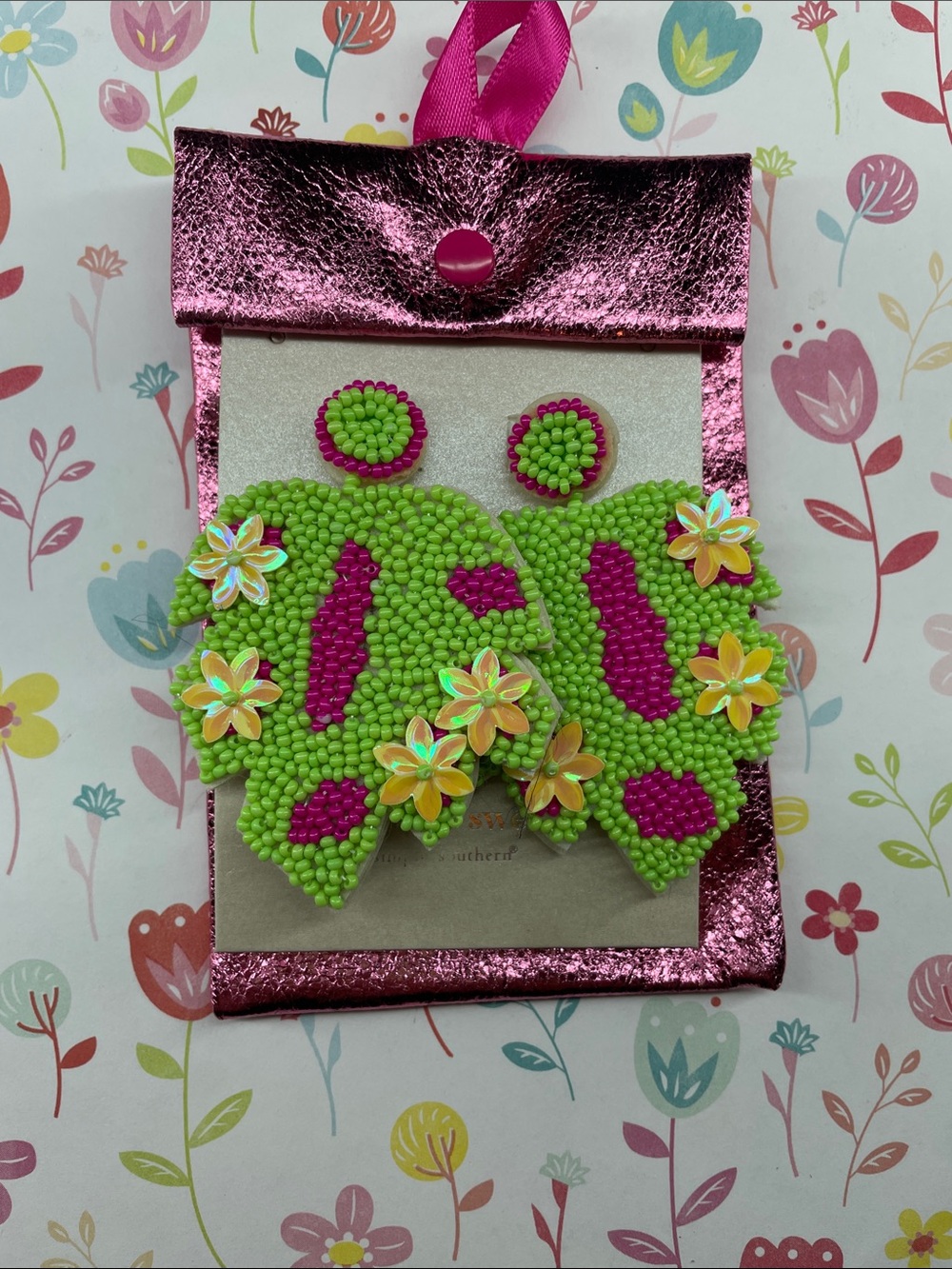 Simply Southern Neon Green & Hot Pink Beaded Flower Statement Earrings
